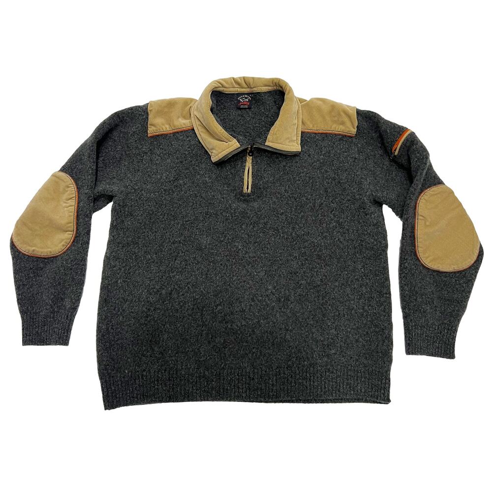 Paul & Shark Yachting Sweater Mens XL Charcoal Wool Corduroy Elbow Patch Zip